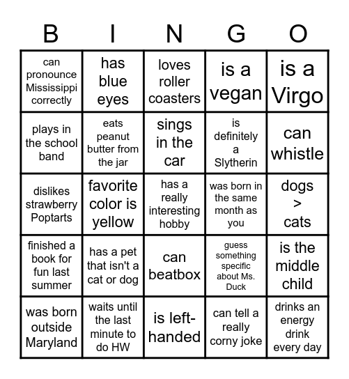 DUCKWORTH BINGO v1.0 Bingo Card