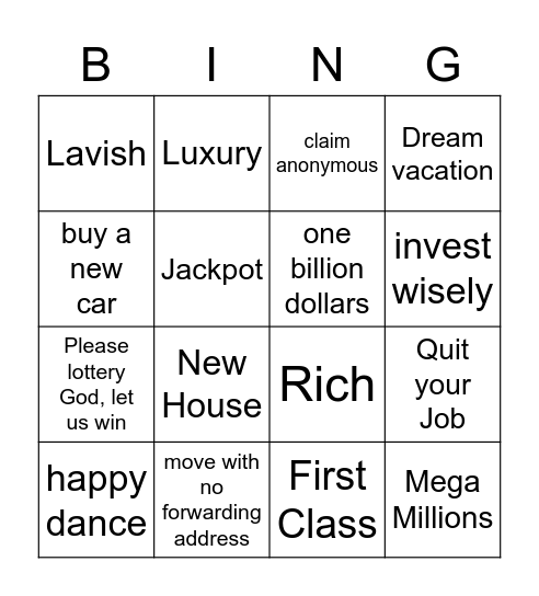 Lottery Bingo - things associated with Winning Bingo Card