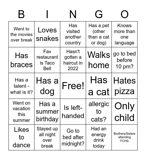 Getting to Know You Bingo Card