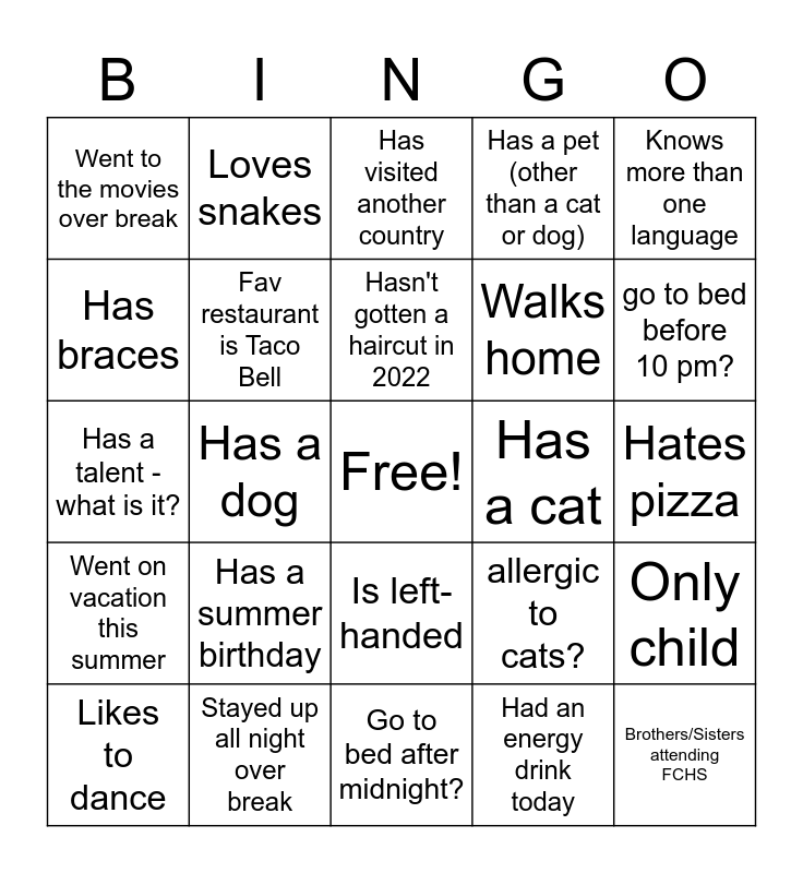 Getting to Know You Bingo Card