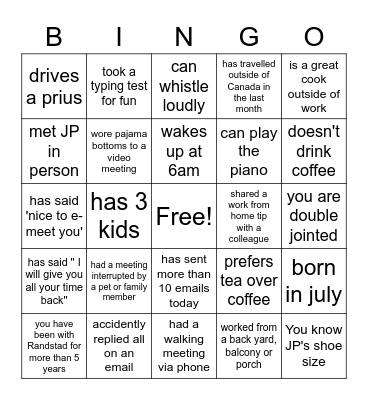 JP's Virtual Farewell Party Bingo Card