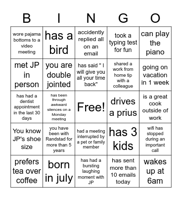 JP's Virtual Farewell Party Bingo Card