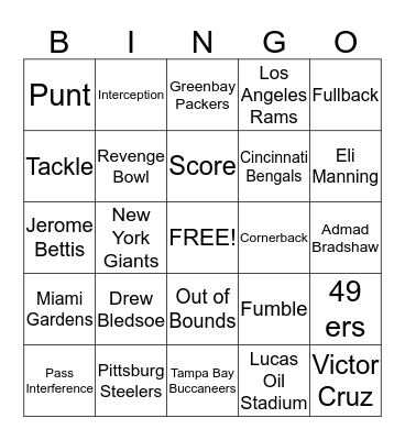 Super Bowl Bingo Card