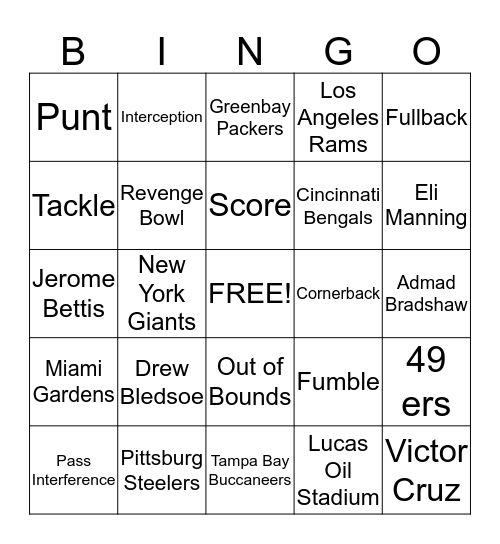 Super Bowl Bingo Card