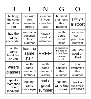 Classmate BINGO Card
