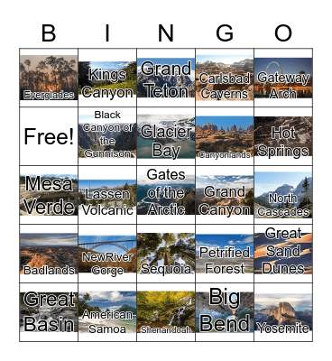 National Park Bingo Card