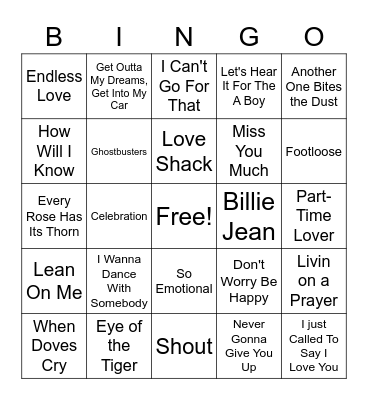 80s #1 Hit Songs Bingo Card