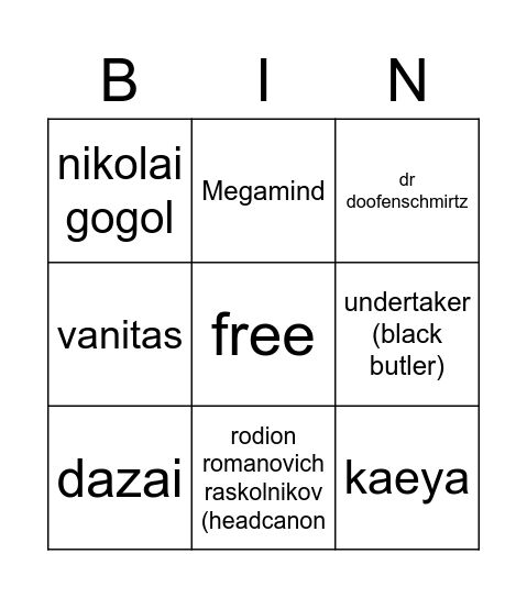 Reia Bingo Card