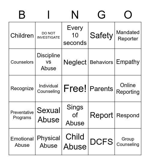 Child Abuse Bingo Card