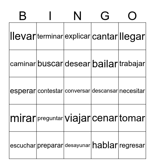 -AR Verbs Bingo Card