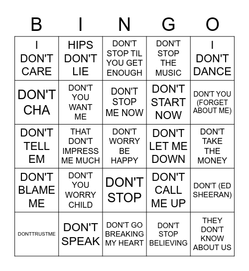 DON'T Bingo Card