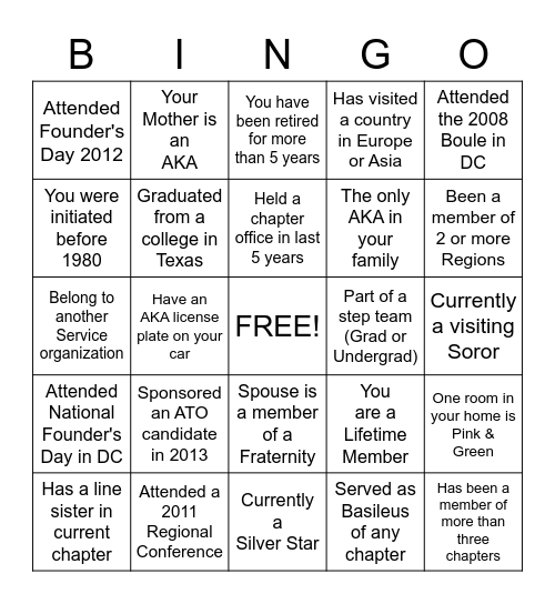 ALPHA KAPPA ALPHA SORORITY Bingo Card