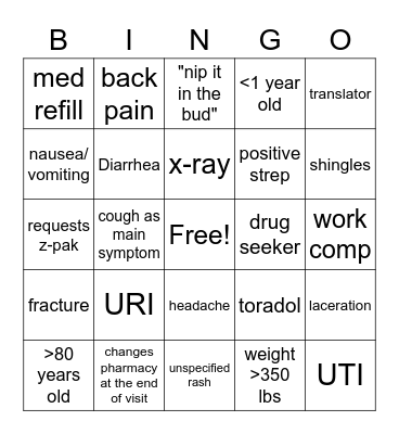 Independence Urgent Care Bingo Card