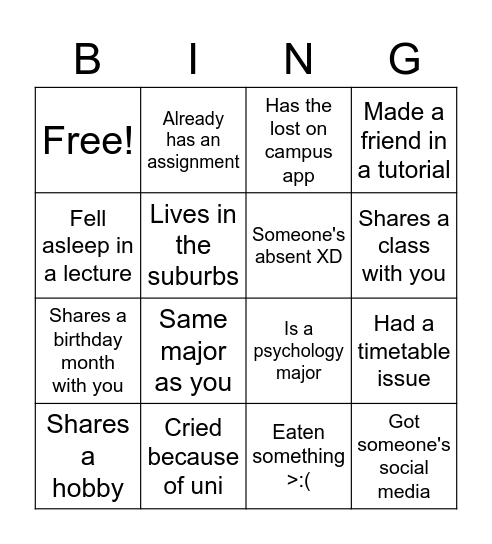 Peer Mentor Bingo! Bingo Card