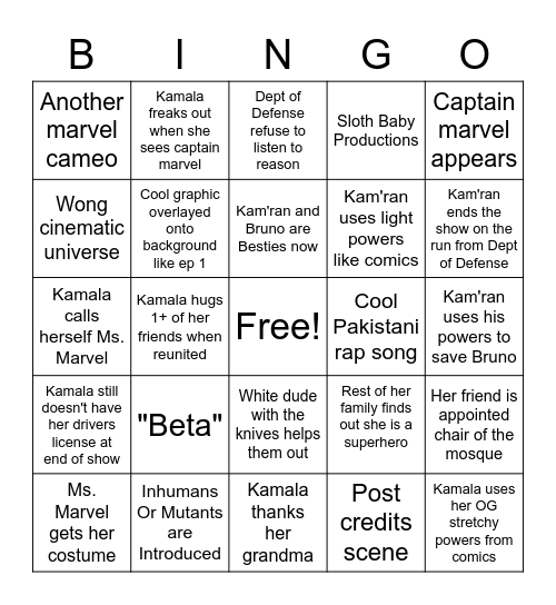 Ms. Marvel Bingo Card