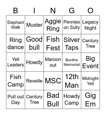 Aggie Traditions: YASSSSS Bingo Card