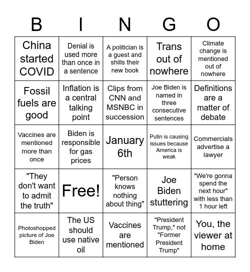 Tucker Carlson Bingo Card