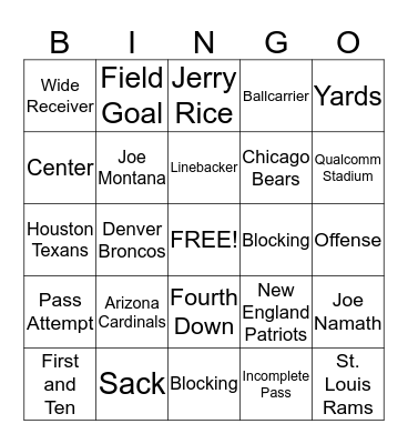 Super Bowl Bingo Card