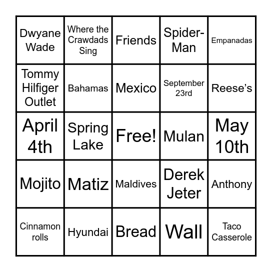 G + A Bingo! Bingo Card