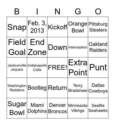 Super Bowl Bingo Card