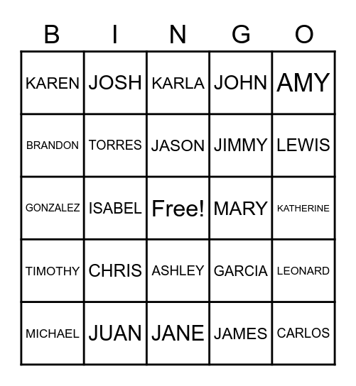 NAMES Bingo Card