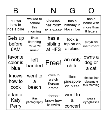 CLASSROOM BINGO Card