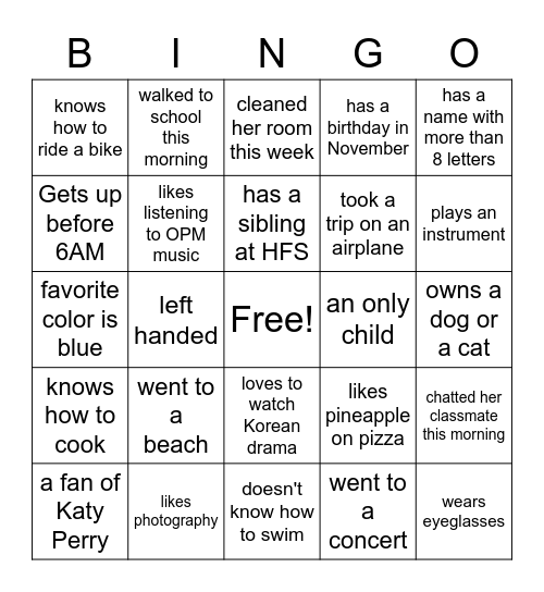 CLASSROOM BINGO Card