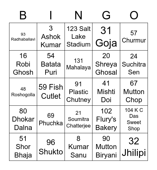 Bengal Tiger Bingo Card