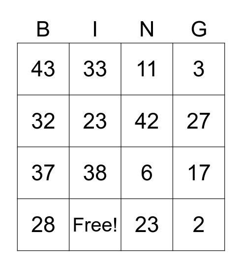 Number Bingo 1-50 Bingo Card