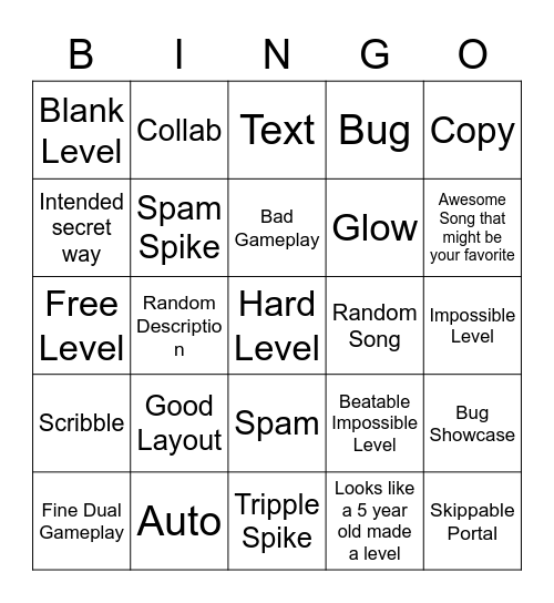 Recent Tab Bingo (Geometry Dash) Bingo Card