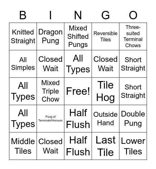 MAHJONG MCR Bingo Card