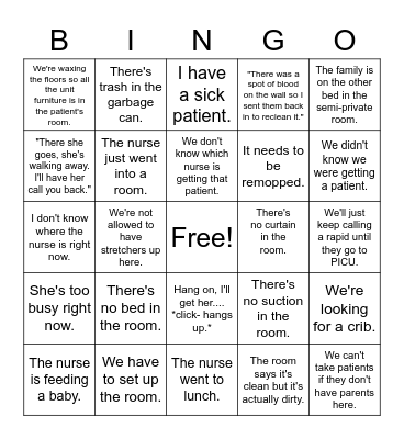 Floor Excuses Bingo! Peds Edition Bingo Card