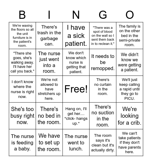 Floor Excuses Bingo! Peds Edition Bingo Card