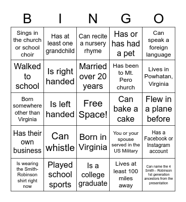 Smith-Robinson Family Reunion Bingo! Bingo Card
