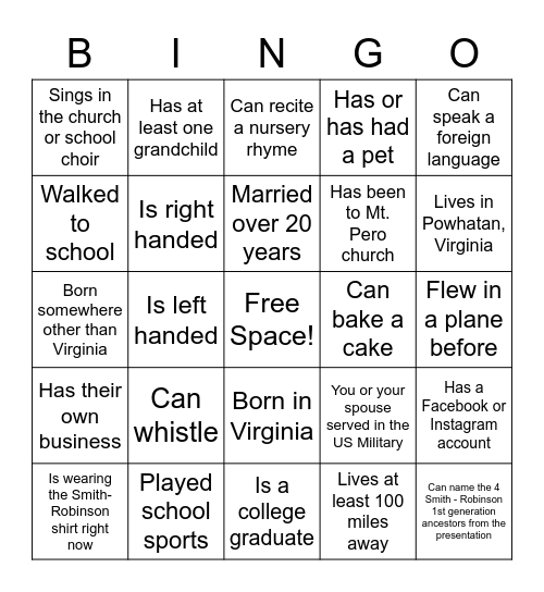 Smith-Robinson Family Reunion Bingo! Bingo Card