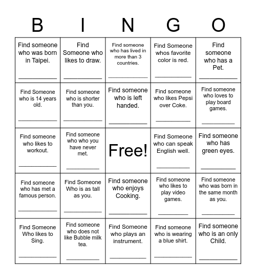 Find Someone Who Bingo Card