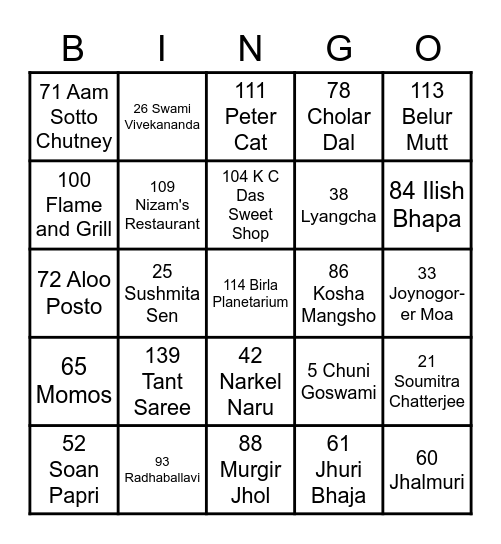 Bengal Tiger Bingo Card