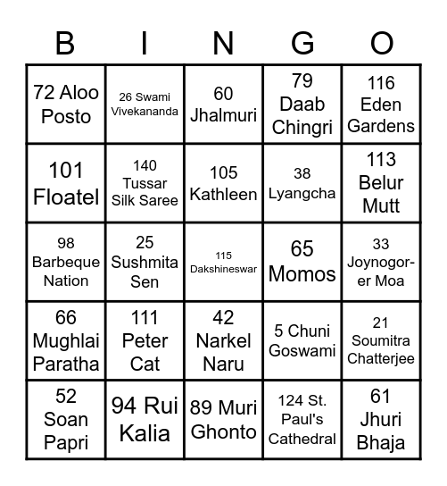 Bengal Tiger Bingo Card