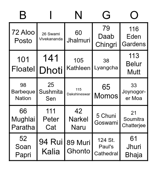 Bengal Tiger Bingo Card