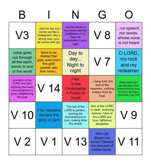 PSALM 19,  A Psalm of David Bingo Card