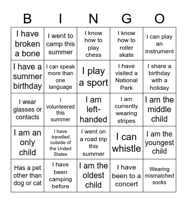 Classmate Bingo Card