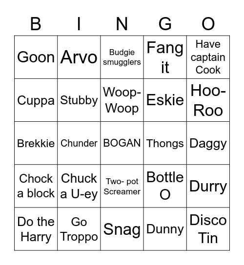 Bogan Bingo Card