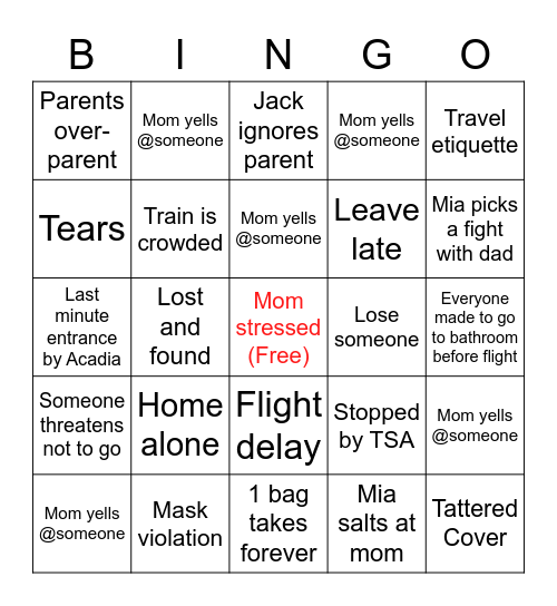 Family Travel Bingo Card