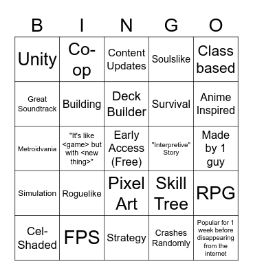 Steam Indie Game Bingo Card