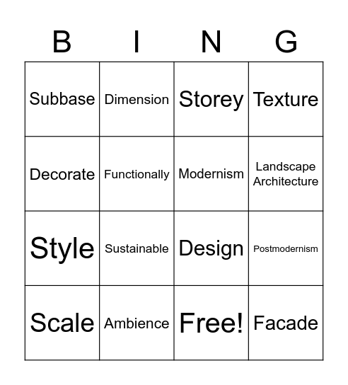 Architecture 1: 2nd Semester Bingo Card