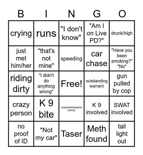 Live PD Bingo Card