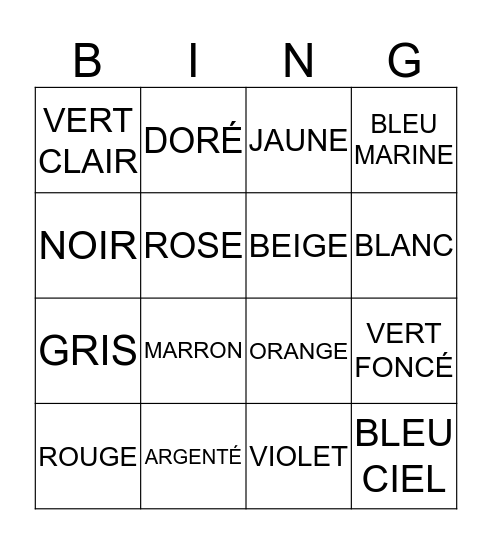 LES COULEURS Bingo Card