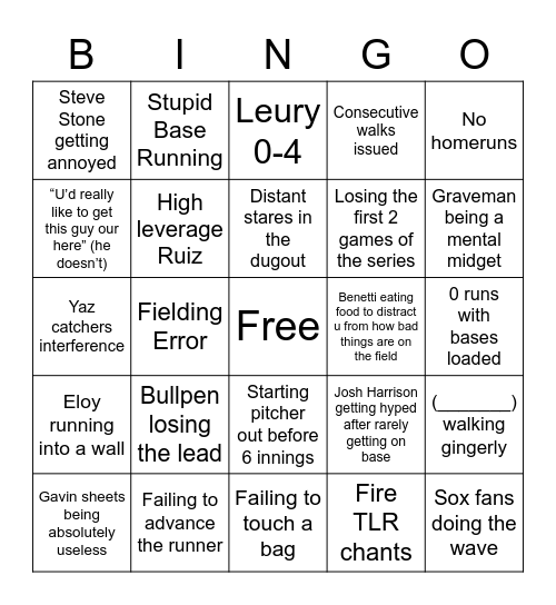 2022 White Sox Bingo Card