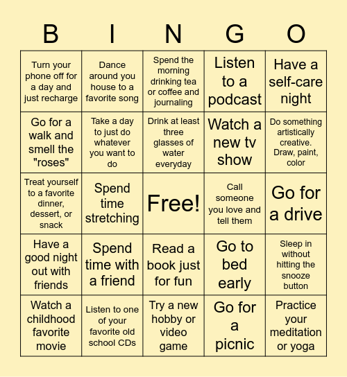 Self Care August Bingo Card