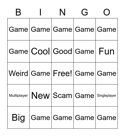 Roblox Games Bingo Card